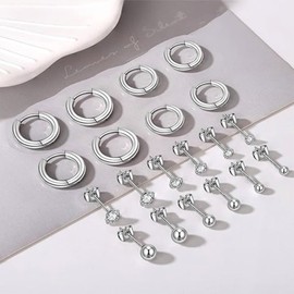 Silver Hoops Earrings for Women,Stud Earrings Set 10 Pairs 925 Sterling Silver,Hypoallergenic Sleeper Stud Huggie Hoop Earrings for Women Girls Piercing