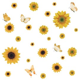 Haobase 27 Pcs Sunflower Wall Decals with Butterfly Wall Stickers, DIY Yellow Flower Stickers Sunflower Wall Stickers for Bedroom Living Room Kitchen Decoration