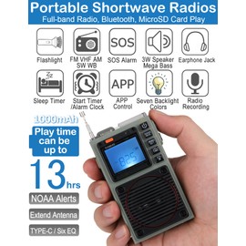 ZHIWHIS Shortwave Radio, Portable Weather Radios with 7 Backlight Colors and APP Control, AM FM VHF SW WB Receiver with Bluetooth, Radio Recording, 6 EQ Modes Rechargeable Flashlight SOS Alarm ZWS-787