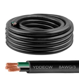 YDDECW 20ft 8/3 8 AWG Portable Power Cable (3 Conductor) - SOOW 600V 8 Gauge Electric Wire for Motor Leads, Portable Lights, Battery Chargers and Machinery - 3 Conductor - 20 Feet Electrical Cord