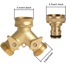 2 Way Brass Tap Connector, Garden Hose Splitter 2 Way Y Valve Brass Hose Connector Garden Tap with 2Pcs 3/4" Garden Hose Tap Connector