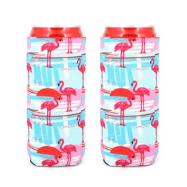 Neoprene Slim Beer Can Cooler Tall Stubby Holder Foldable Stubby Holders Beer Cooler Bags Fits 12oz Slim Energy Drink & Beer (pink Flamingo(2Pack))