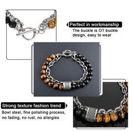 INGJIA Men's Pearl Bracelet with Black 8 mm Lava Stone - Onyx Beads I Elastic Ball Bracelet - Gift for Men Made of Real Natural Stones, Metal