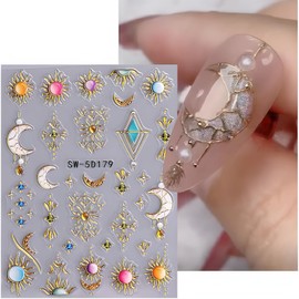 Gold Star Nail Stickers Decals 5D Embossed Nail Stickers for Nail Art Sun Moon Nail Decals Gold Nails Art Supplies Design Decoration Accessories for Women and Girls