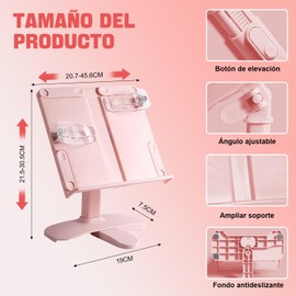 Atril para Libros Multifuncional, soporte de lectura, Atril para Partituras, Porta para Libros Cocina con Clips Elásticos para Páginas para Partitura de (Rosa)