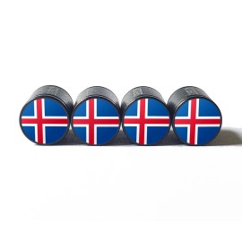 AutoValveCaps Iceland Icelandic Flag Tire Valve Caps - Black Aluminum - Set of 4 - Universal