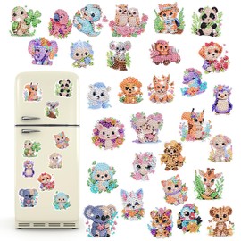 30 Pcs Cute Animal Diamond Art Fridge Magnet, Adult Colourful Cute Animal Fridge Magnets, 5D Rhinestone Fridge Magnets for Beginners DIY Craft Gifts