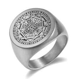 JewelryWe Men's Ring Seals of The Seven Archangels Rings Statement Stainless Steel Flat Top Signet Rings Band,Silver(Size 11)