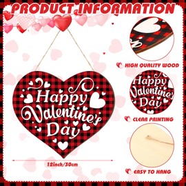 Menkxi Valentine's Day Door Sign 3D Wooden Red and Black Buffalo Plaid Hanging Sign Farmhouse Heart Door Decorations Valentines Day Door Hanger Valentines Day Door Decor Heart Shape Red Wall Plaque