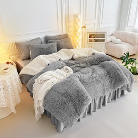 UOZZI BEDDING Gray Faux Fur Comforter Set Twin 3 Pieces - 1 Shaggy Comforter 68x86 and 2 Pillowcases, Ultra Soft and Easy Care Luxury Plush Super Warm Winter Shaggy Duvet Set