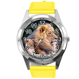 TAPORT Yellow Leather Lion Fan Round Watch, yellow, Strap.