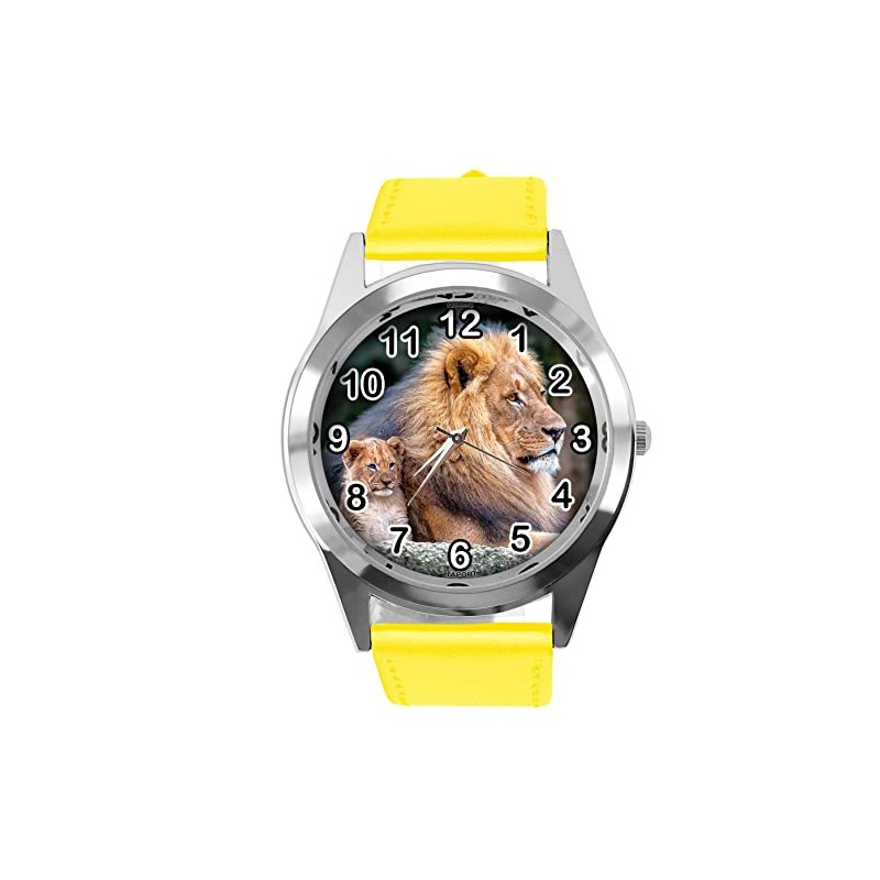 TAPORT Yellow Leather Lion Fan Round Watch, yellow, Strap.