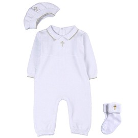 HAPIU Baby Boy Baptism Outfit with Hat Christening Outfit-Cross Detail, 12-15M, Pure White
