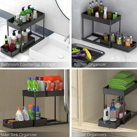 VNIMTI Under Sink Organizers and Storage, 2 Pack Pull Out Cabinet Organizer with Hooks, 2-Tier Under Sink Shelf for Bathroom and Kitchen, Multi-use Sliding Drawer with Large Capacity, Black