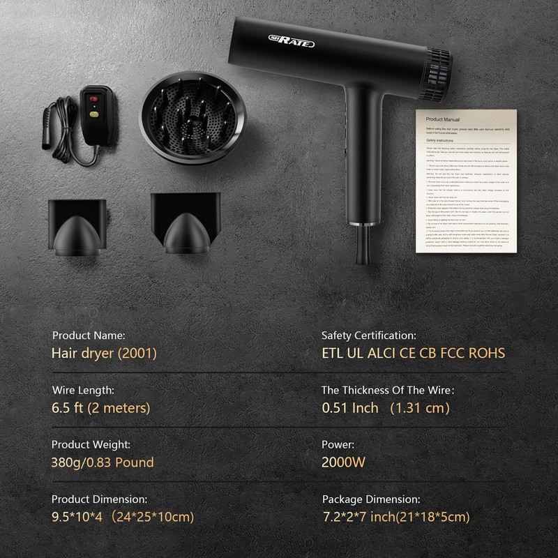 SHRATE Hair Dryer, Professional Brushless Motor Ionic Blow Dryer, 3