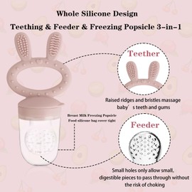 HAOBAOBEI Teething Toys, Baby Fruit Feeder, Breastmilk Popsicle Molds for Baby Cooling Relief, BPA Free Baby Food Feeder for Safe Infant Self Feeding, Teething Pacifier 4 Month+ (Rabbit Pink)