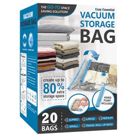Cozy Essential Vacuum Storage Bags, 80% Compression Vacuum Seal Space Saver Plastic Packaging Bags for Clothes, Blankets, Pillow, Bedding, Comforters, Sealer Clothing Storage,20 Combo