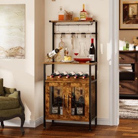 X-cosrack Bar Cabinet for Liquor and Glasses, Wine Rack Freestanding Floor for Small Space, 3-Tiers Storage Shelves, Industrial Coffee Bar with S Hooks, Small Buffet Sideboard Cabinet for Home