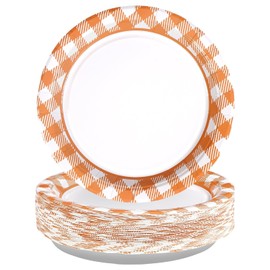 Grencian 50Pcs Fall Gingham Paper Plates Orange and White Gingham Party Supplies 9" Autumn Plaid Checkered Plates for Thanksgiving Harvest Birthday Dinner Picnic Party Decorations