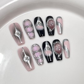 TENPAL Press on Nails Medium Crystal Cat Eyes Y2k Designs Coffin Fake Nails With Glue Handmade Pink Nails With Hand Painted Pattern 10pcs/Box False Nails Press ons For Women Girls