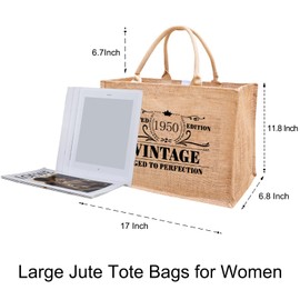 1950 Burlap Jute Tote Bags for Women, 74th 75th Birthday Gifts, Vintage Reusable Grocery Water Resistant Beach Bags, Christmas Mother's Day Appreciation Decorations for Grandma, Mom, Mama, Teachers
