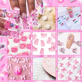 3D Pink Nail Charms Bulk Gummy Bear Butterfly Bow Assorted Nail Charms Set Planet Cherry Gems Cute Heart Star Pearls Nail Charms for Nail Art DIY Supplies Accessories