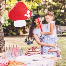 Mushroom Pinata 3D Mushroom Shaped Pinata Mushroom Party Favor with Blindfold Bat Confetti for Forest Jungle Fairy Theme Woodland Birthday Party Baby Shower Garden Decoration, 14.9 x 14.1 x 2.95 Inch