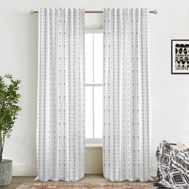 White Sheer Curtains 84 Inches Long for Living Room Bedroom 2 Panels,Boho Black Floral Design Linen Farmhouse Scandinavian Pleated Geometric Curtains