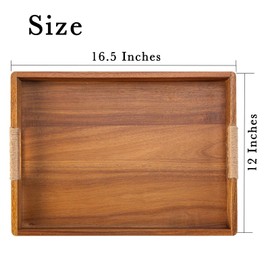 16.5 x 12 Inches Acacia Wood Serving Tray, Large Wooden Food Trays with Handles, Coffee Table Tray for Ottoman, Charcuterie, Parties, Eating, Snack, Decor, Outdoor Kitchen Counter Bandeja De Madera
