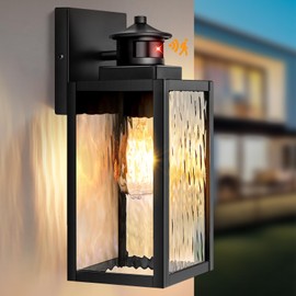 Motion Sensor Outdoor Wall Lights, Waterproof Exterior Lighting Fixtures with Water-Rippled Glass, Black Modern Outside Wall Sconce Lanterns for House, Porch, Garage, Patio, Bulbs Not Included