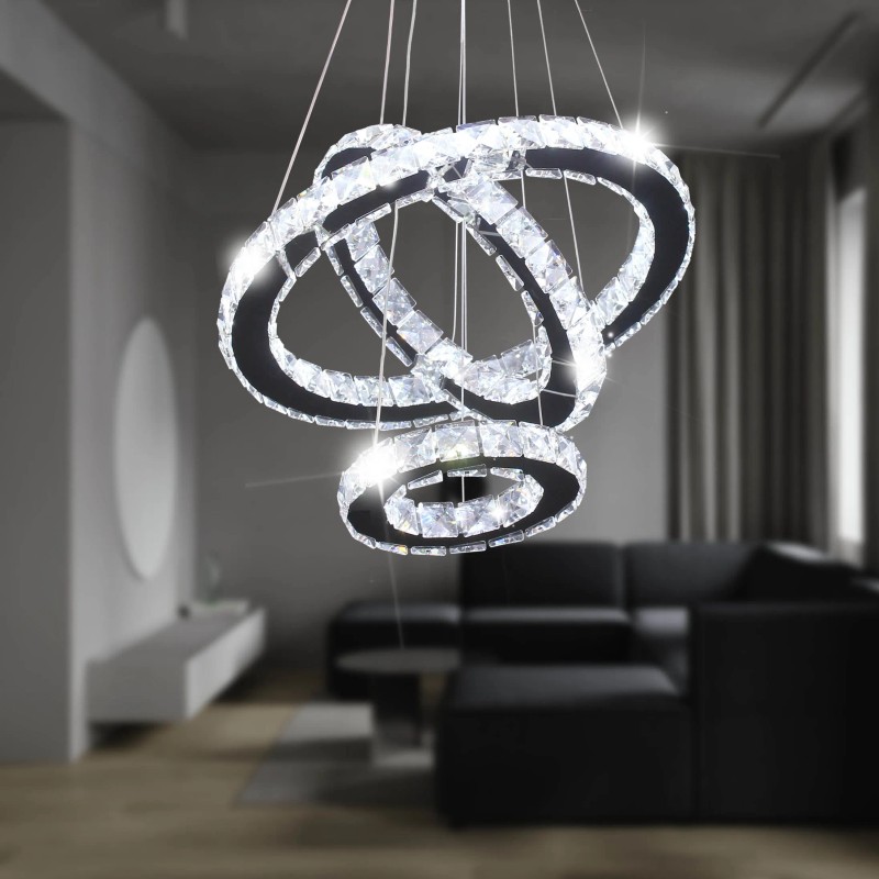 Dimmable LED K9 Crystal Chandelier 3-Ring Pendant Light with Remote