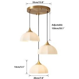 Fulesi 3 Lihgt Minimalist Style Ceiling Hanging Lamp 7.8" White Dome Glass Lampshade Brass Finish Ceiling Light Nordic Retro Pendant Light for Kitchen Island Bedroom Bedside