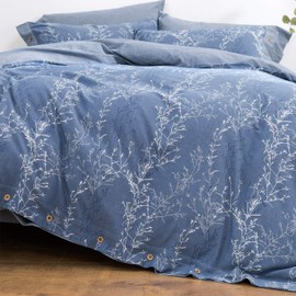 OREISE Duvet Cover Set Full/Queen Size Washed Cotton Yarn, Jacquard Blue and White Thin Branch Pattern Floral Style 3Piece Bedding Set