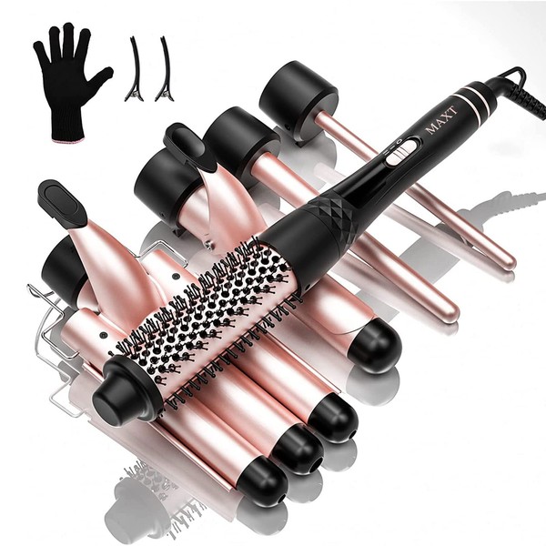 Curling Iron Hair Curler 5 in 1, MAX 3 Barrel Hair Crimper Iron Ceramic Curling Wand Brush, Beach Wave Wand Curling Iron Set (0.35”-1.25”) for All Hair Type & Length, 30S Instant Heat, No Hair Damage