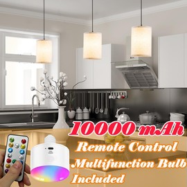 civaza Battery Operated Pendant Light with Remote,Fabric Pendant Lights Kitchen Island 3 Pack No Hardwired,Cordless Hanging Lights for Living Room with 50hrs+Long Life Rechargeable Light Bulbs