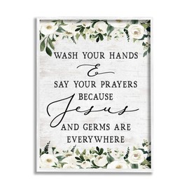 Stupell Industries Wash Hands Say Prayers Jesus Germs Everywhere Phrase White Framed Wall Art, 11 x 14