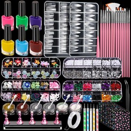 FANDAMEI Acrylic Nail Kit, 54 Pcs Nail Kit with 6-Color Nail Polish, 20 Pcs Nail Brushes, 2 Box False Nail Tips, 6 Jar Chrome Nail Powder, 4 Box Nail Charms, 10 Sheet Nail Stickers for Beginners