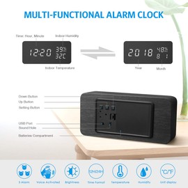 AMIR Alarm Clock, Wooden Digital Multi-Function Modern Cube LED Light, Smart Voice-Activated with 3 Alarm Sounds, Display Date Temperature & Humidity for Home, Kitchen, Bedroom (Black)