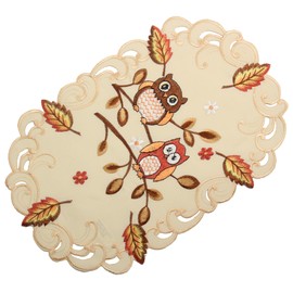 Owl Tablecloth Table Runner Blanket Cushion Cover Linen Look Cream Beige Autumn Leaf Embroidery – Choice of Sizes Approx. 30 x 45 cm Oval