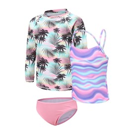 Moon Tree Big Girls 3 Piece Long Sleeve Rash Guard Swimsuits Set Tankini Bathing Suits for Girls Beach Swimwear Neon Size 16/14-16 Years