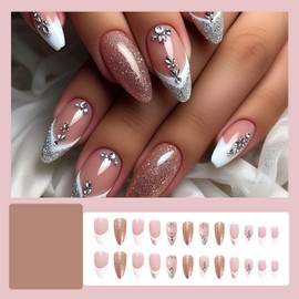 RIICFDD Almond Shape Press on Nails White Silver Glitter French Acrylic Nails Rhinestone Nail Charms Nails Press on Full Cover Glitter False Nails Glue on Nails for Women Nail Art Decor 24 Pcs