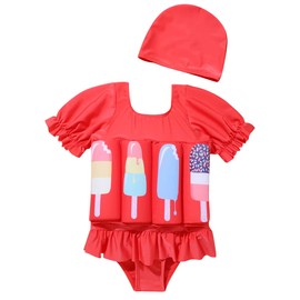Kids Baby Girls Float Suit Ice Cream Floatation Swimsuit with Adjustable Buoyancy Bathing Swimwear Toddler One Piece Swimming Suit Summer Swim Vest Jacket Ruffle Tutu Swim Dress Red Ice Cream 18-24M
