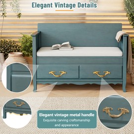 LUMISOL Retro Storage Bench Entryway Bench with Removable Cushion and Hidden Storage Wooden Shoe Bench with Rack for Entryway, Living Room, Bedroom, Antique Turquoise
