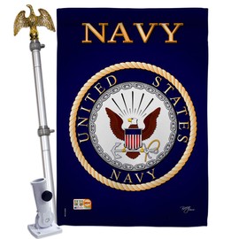 HS108058-BO-02 US Navy Americana Military Veteran Armed Forces USN Decorative Gift Vertical 28" x 40" Double Sided House Flag Set Aluminum Pole & Bracket Hardware Made in USA