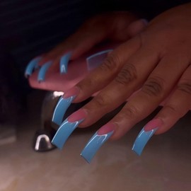 Blue French Tip Press on Nails Long Curved False Nails with Designs Glossy Skin Tones Fake Nails Full Cover Square Stick on Nails Light Pink Glue on Nails for Women Girls Manicure 20Pcs