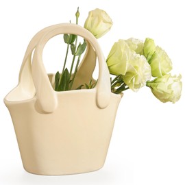 Ceramic Purse Vase for Flowers - Handbag Vase for Farmhouse, Modern Decor - Wedding, Table, Bedroom, Entryway, 8 Inch, Warm White