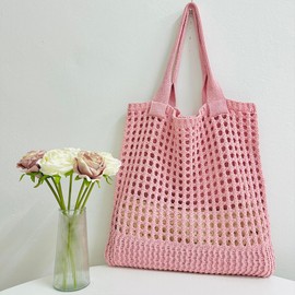 WYNAKESHU Crochet Tote Bag Summer Beach Tote Bag,Straw Tote Bag Large Woven Beach Bag Handbag Knit Bag for Women Travel Vacation Shopping, Pink