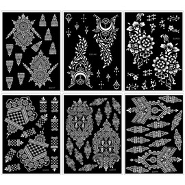 HOWAF 6 Blatt Henna Tattoo Schablonen, Temporäre Tattoo Schablonen Glitter Tattoos Schablonen Wiederverwendbar Hand Tattoo Aufkleber Blume Feder Mandala Schablonen für Frau Kinder Mädchen