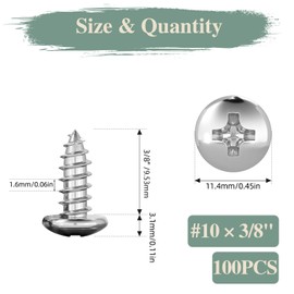 GOHODOMINO #10 x 3/8" Wood Screw 100Pcs Truss Head Phillips Stainless Steel 304 (18-8) Fast Self Tapping Screws