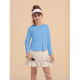 Haloumoning Girls Athletic Shirts Kids Long Sleeve Active Sports T Shirts Quick Dry Tunic Tops Basic Tees 5-14 Years Blue